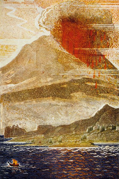 Odyssey by Homer : Tepegöz yanardağı adasına yaklaşan Ulysses, Theo Schmied tarafından oyulmuş, 1930-33 renkli taş by Francois Louis Schmied