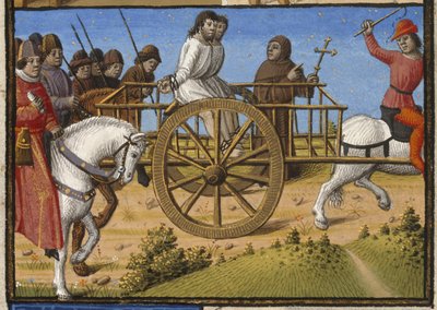 Harley 4375, f.140 Bir rahip eşliğinde idama götürülen bir arabada iki mahkum, Valerius Maximus, Paris tarafından 'Les Faits et les Dis des Romains et de Autres Gens'den (veya 'Memorabilia'dan) örnek by Francois Maitre