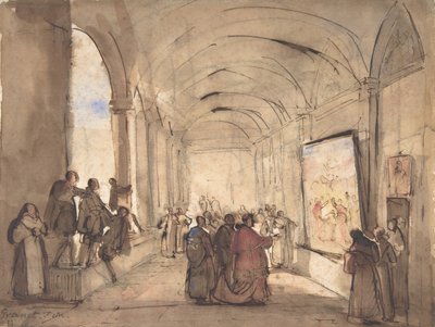 Bir Manastırda Bir Tabloyu İnceleyen Bir Kardinal, 19. yüzyılın ilk yarısı. by Francois Marius Granet