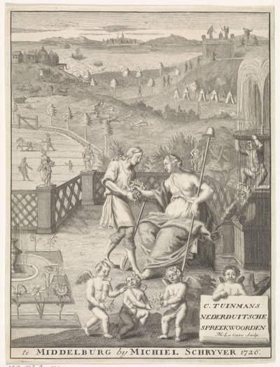 Hollandalı bakire bir bahçıvandan çiçek aldı Başlık sayfası: Carolus Tuinman, (...) Nederduitsche atasözlerinin kökeni ve yorumu, 1726. by Francois Morellon la Cave