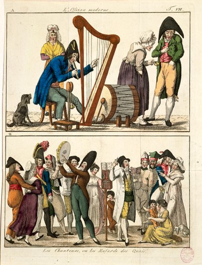 Modern Ossian ve sokak şarkıcılarının karikatürü, Francois Nicolas Martinet tarafından, gravür by Francois Nicolas Martinet