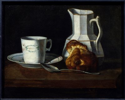 Natürmort bir tatlı çörek Kupa, süt ve tatlı tatlısı sürahisi. Francoise Bourin