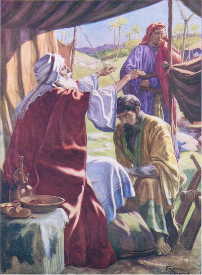 Jacob, Thomas Nelson tarafından yayınlanan İncil Resimli Kitaptan kutsamayı elde ediyor, 1950 dolayları (renkli lito) by Frank Adams