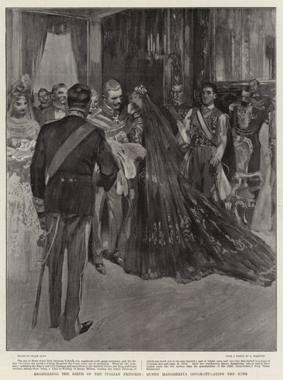 İtalyan prensesinin doğumunu kaydeden Kraliçe Margherita, Kralı tebrik ediyor by Frank Craig