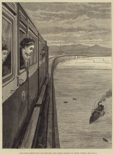 Kraliçe'nin Dağlık Bölgelerden Dönüşü, Majesteleri Tay Köprüsü, Dundee'yi geçiyor by Frank Dadd