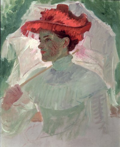 Kırmızı şapkalı ve şemsiyeli kadın by Frank Duveneck