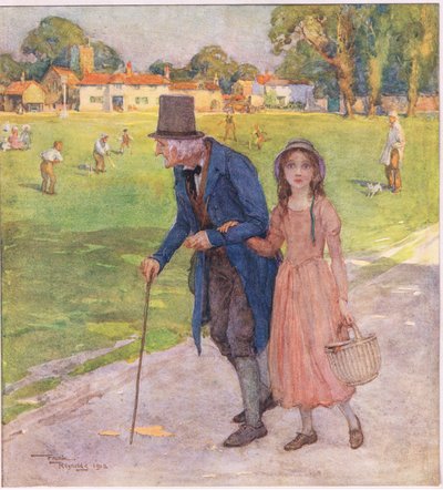 Çok küçük bir yerdi. Erkekler ve çocuklar yeşil alanda kriket oynuyorlardı, c.1920 (renkli lito) by Frank Reynolds