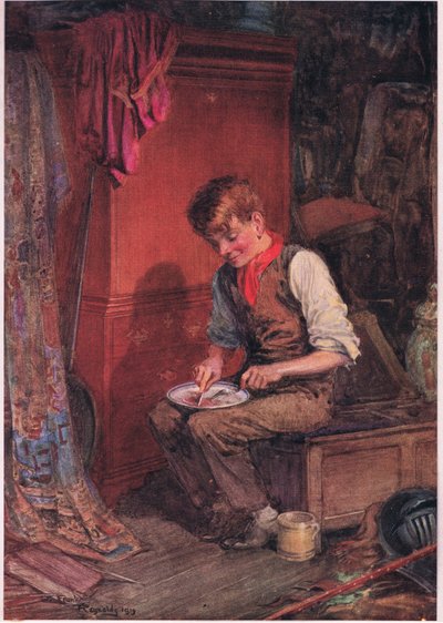 Kit büyük bir dilim ekmek ve eti bir köşeye taşıdı ve büyük bir iştahla yemeye koyuldu , c.1920 (renkli lito) by Frank Reynolds