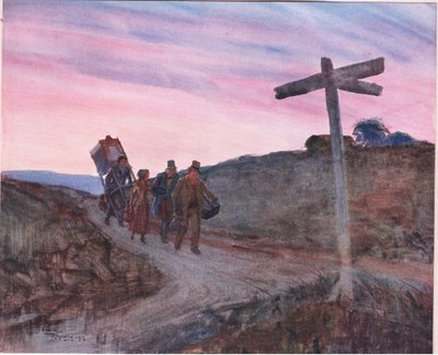 Kısa yol gösterdi; düz kutu ile, özel bagaj (geniş olmayan) bir demet halinde bağlanmış, c.1920 (renkli lito) by Frank Reynolds