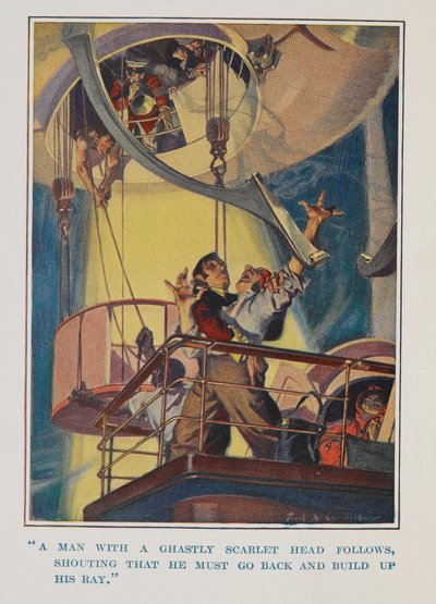 "Korkunç bir kafası olan bir adam, geri dönüp ışınını inşa etmesi gerektiğini bağırarak takip ediyor" by Frank Xavier Leyendecker