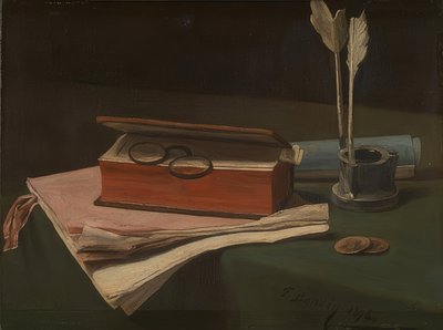 Kitap, kağıt ve hokka ile natürmort. 1876 by François Bonvin