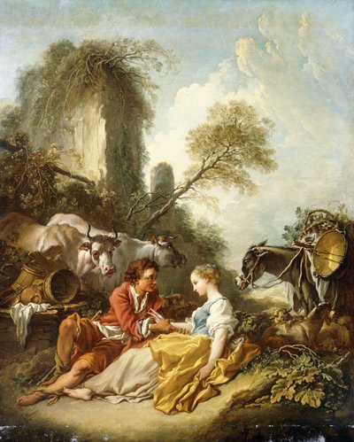 Harabelerin yanında oturan bir Çoban ve Çoban ile Pastoral Bir Manzara, by François Boucher
