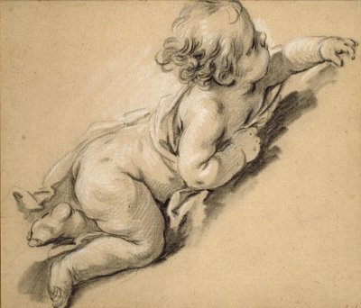 18. yüzyılın ortalarında sağa yaslanmış bir putto. by François Boucher