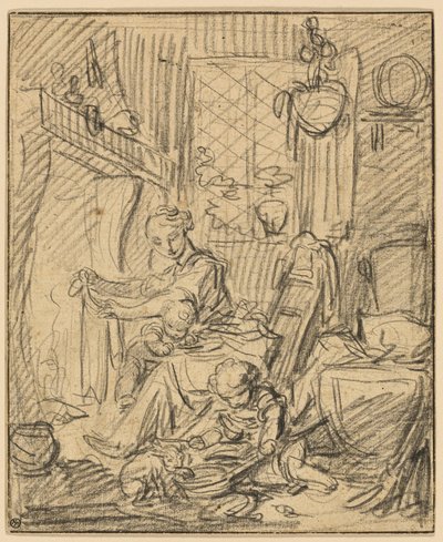 Ev Sahnesi: Bir Şöminenin Önünde İki Küçük Çocuklu Anne by François Boucher