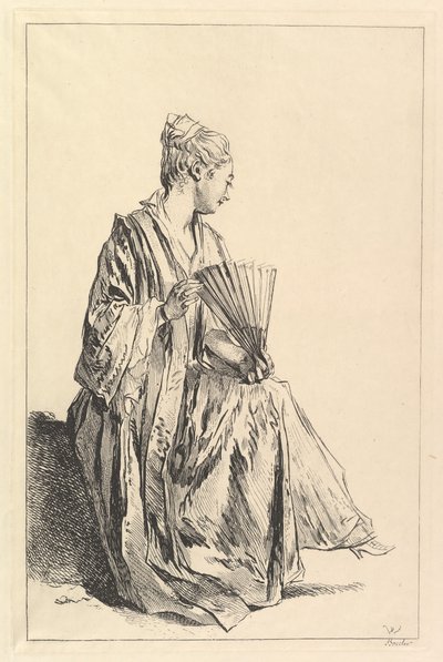 Oturan kadın, profilde sağda, taraftar oynuyor, 1720-70. by François Boucher