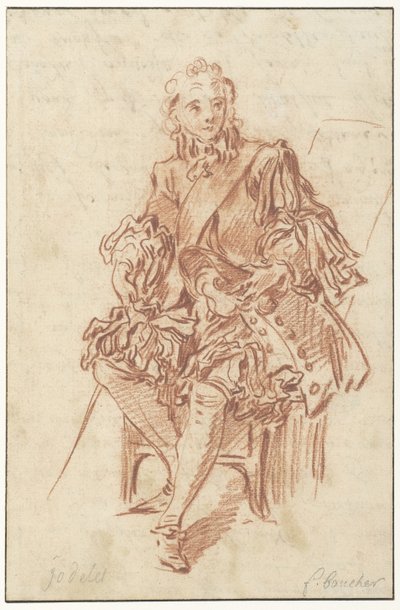 Jodelet bir sandalyede oturuyor Molière'in çalışmalarının 1734 baskısından Les Précieuses Ridicules'' illüstrasyonu için tasarım (cilt I, s. 247) (seri başlığı) by François Boucher