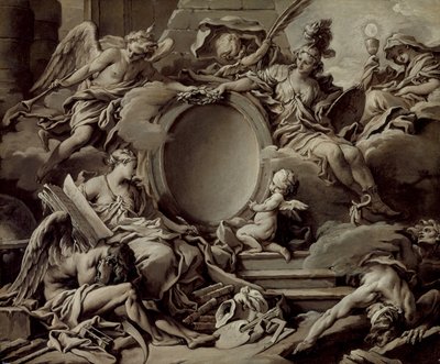 Bir Kartuş Projesi: Cehalet ve Zamanı Aşan Minerva, Şöhret, Tarih ve İnanç Alegorisi, c.1727 by François Boucher