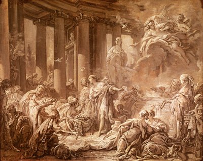 Psyche Receiving the Divine Honors (preparatory study), c.1740 (oil painting on paper mounted on canvas) by François Boucher