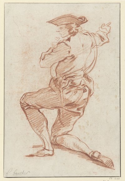Molière'in eserlerinin 1734 baskısından Les Plaisirs de l'Ile Enchantée'' illüstrasyonu için diz çökmüş bir avcı tasarımı çalışması (cilt III, s. 104) (seri başlığı) by François Boucher
