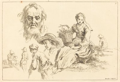 Yaşlı Bir Adamın Sakallı Yüzünü İçeren Figür Çalışmaları by François Boucher after Abraham Bloemaert