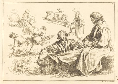 İki Oturan Köylü İçeren Figür Çalışmaları by François Boucher after Abraham Bloemaert