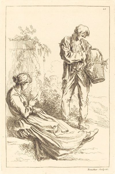 Bir Sepet Tutan Köylü Çocuk Oturan Kadın by François Boucher after Abraham Bloemaert