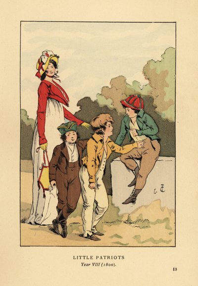 Kaporta ve spencer ceketli Roma cübbesinde Merveilleuse ile ceket ve pantolon giyen erkekler. Küçük Vatanseverler, Yıl VIII by François Courboin