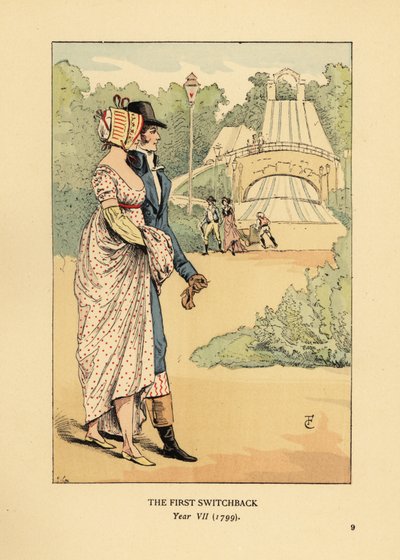 Rus Dağları hız treninde şık bir çift, Les Montagnes Russes a Belleville, 1812'de inşa edildi. (İlk dönüş, Yıl VII by François Courboin