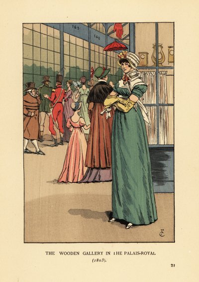 Palais Royal, Paris'teki Ahşap Galeri'de alışveriş yapan şık kadın by François Courboin