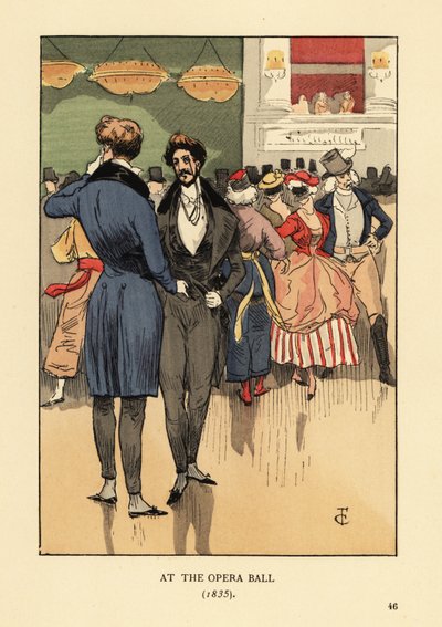 Kuyruk, yelek, dar pantolon ve beyaz çoraplı paltolu züppeler. Arkalarında süslü elbiseli ve maskeli insanlar. Opera Ball 1835