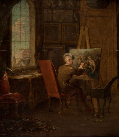 Sanatçının atölyesinde elinde mahl çubuğu ile otoportresi by Francois Eisen