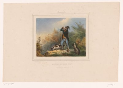 Üç av köpeği ile oyun müdürü Le départ du garde chasse (nesne üzerindeki başlık) Silahlı Avcılar (dizi adı) Chasses au Tir (nesne üzerinde seri başlığı) by François Grenier