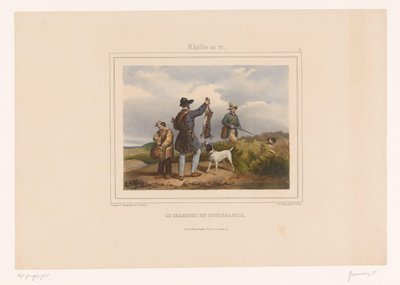 Avcı diğer avcıya av tavşanını gösteriyor Le chasseur en jouissance (nesne üzerindeki başlık) Silahlı Avcılar (dizi adı) Chasses au Tir (nesne üzerinde seri başlığı) by François Grenier