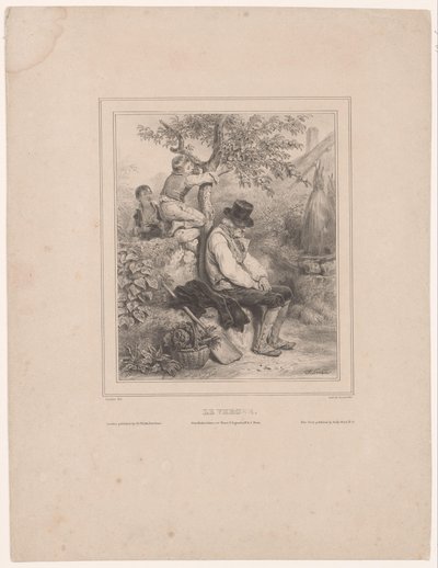 Uyuyan bir çiftçiden elma toplayan iki çocuk Le verger (nesne üzerindeki başlık) by François Grenier