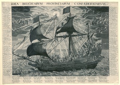 Devlet Gemisi, 1620 Dordrecht sinodundan sonra ülkenin mutlu halinin alegorisi Idea Belgicarum Provinciarum Confaederatarum (nesne üzerindeki başlık) by François Schillemans
