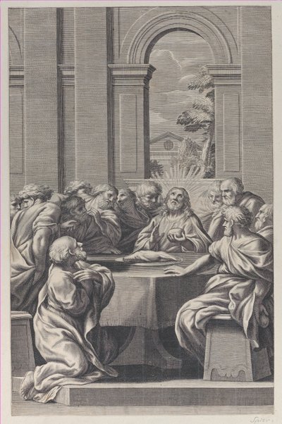 Son Akşam Yemeği, İsa ve havarilerinin oturduğu klasik bir binanın içi..., 1660-81. by François Spierre