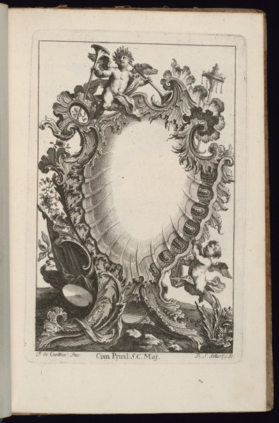 Putto Holding Trompetli Kartuş, Düzensiz Kartuşlar Kitabı by François de Cuvilliés the Elder
