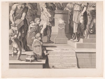 Mars kılıcını bir tapınağın önündeki alevlerin içine sokar (alt kısım) by François de Poilly (I)
