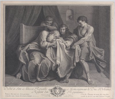 Jacob, diğer oğulları onu ondan çekerken, oğlunun cübbesine ağlarken, 1724. by François de Poilly