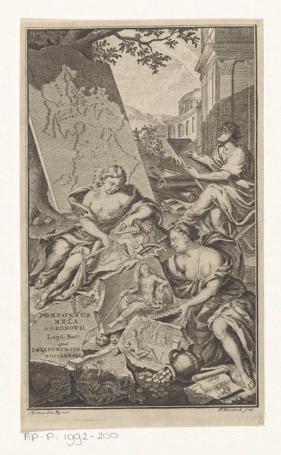 Alegori op de Meetkunde Başlık sayfası: Pomponius Mela en Abraham Gronovius, Pomponius Mela de situ orbis libri III, 1782 by François van Bleyswijck