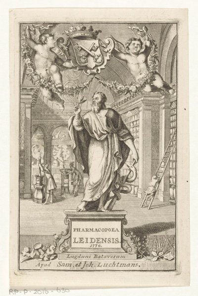 Asklepios Başlık sayfası voor: S.n., Leiden Farmakopesi, en seçkin sulh yargıçlarının otoritesi tarafından kurulan, 1770 by François van Bleyswijck