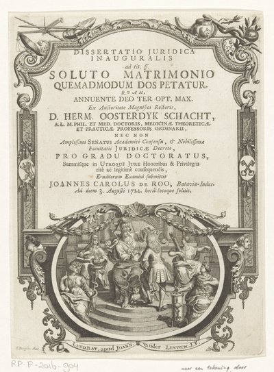 Minerva lauwert schrijver Başlık sayfası: Johannes Charles de Roo, Dissertatio juridica inauguralis, reklam başlığı. ff. evlilik sona erdikten sonra, çeyiz istendiği için, 1722 by François van Bleyswijck