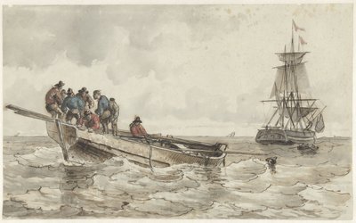Bir yelkenli geminin yanında bir kayıkta sekiz adam by Frans Arnold Breuhaus de Groot