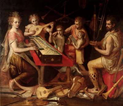Müzik Karakterleri vetus, bir alegori oluşturan eski müzik aletleri çevresine sahiptir. Frans Floris (1515-1570) tarafından yapılan boyama 16. yüzyıl Genleri, özel koleksiyon by Frans Floris