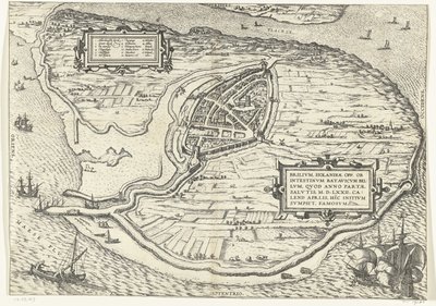 Kaart van het eiland Voorne en plattegrond van Brielle, 1572 Brilium, Hollandiae opp. 1572 yılında kazanılan Hollanda iç savaşı nedeniyle. Nisan ayı (nesne üzerindeki başlık) by Frans Hogenberg