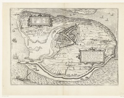 Kaart van het eiland Voorne en plattegrond van Brielle, 1572 Brilium, Hollandiae op. Kurtuluş yılında M.D.72