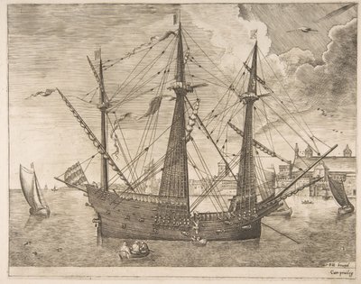 Yelkenli Gemilerden Bir Şehrin Yakınına Demirlemiş Silahlı Üç Usta, yaklaşık. 1555-56. by Frans Huys