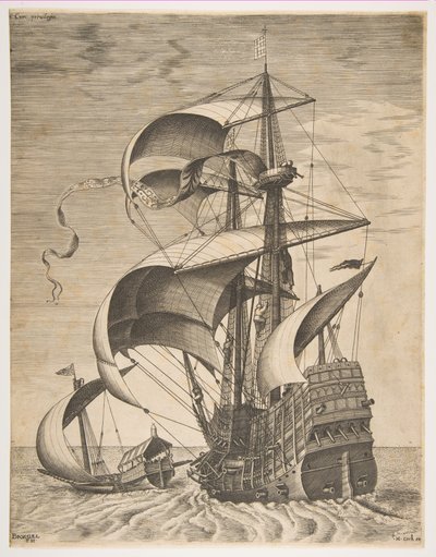 Açık Denizde Silahlı Üç Usta Bir Kadırga Eşliğinde, Yelkenli Gemi serisinden..., 1561-65. by Frans Huys