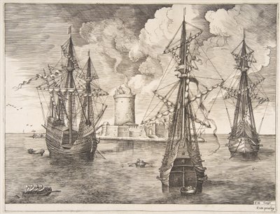 Dört Usta ve İki Üç Usta Yelkenli Gemiden Müstahkem Bir Adanın Yakınına Demirlemiş..., 1561-65. by Frans Huys