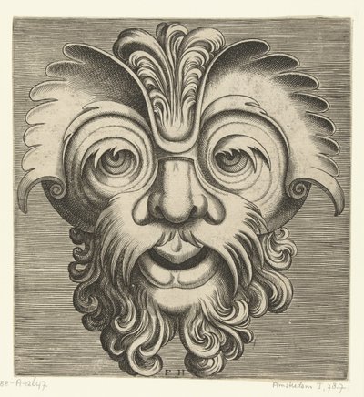 Bukleli sakal ve bıyıklı maske, bir tutam bukle burun köküne dayanır Pourtraicture ingenieuse de plusieurs facons de masques… (dizi başlığı) by Frans Huys